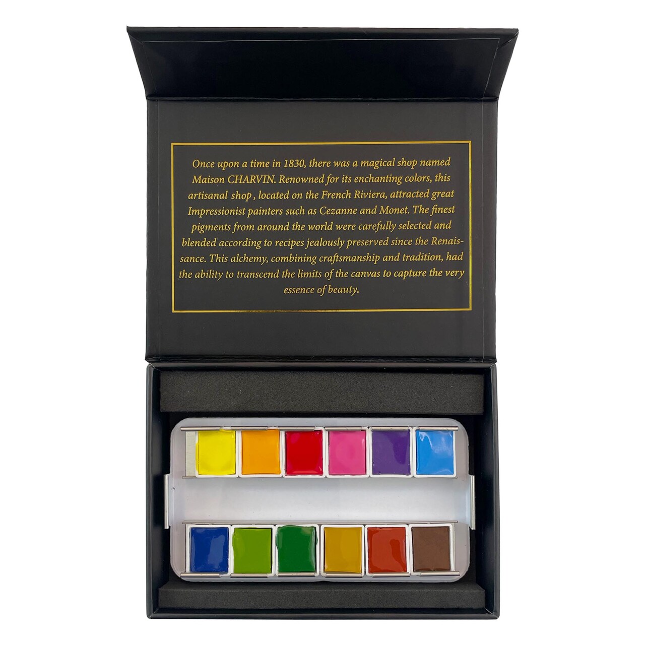 Charvin Extra-Fine Watercolor Pan Set, Primary - Handmade Box Set of 12 Half-Pans - Professional Watercolor Paint Set, Made in France, Smooth Shellac-Like Finish, Glossy & Highly Transparent Pigment